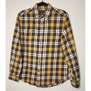 Eddie Bauer Mens Gold/Gray Cotton Plaid Button Up Shirt Pockets Medium Outdoor